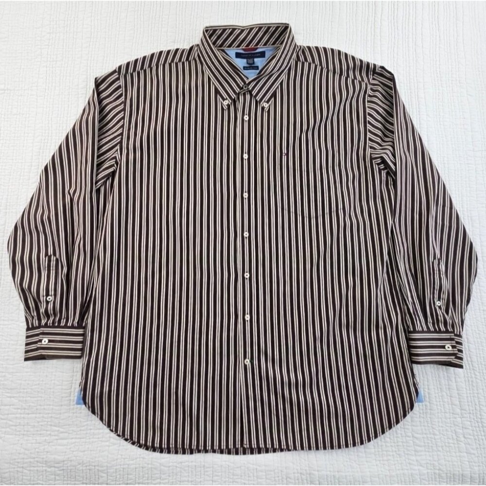 Tommy Hilfiger Vintage Shirt Men's Size XXL Brown Stripe Classic Boxy EUC Cotton